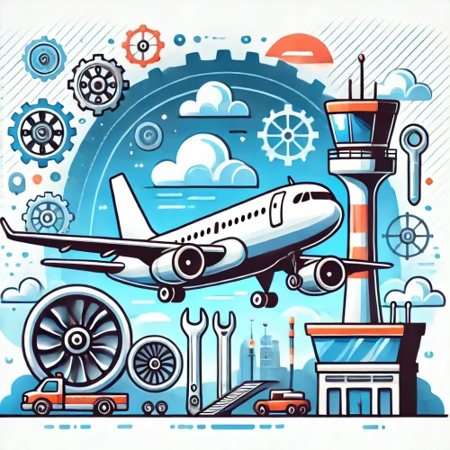 Dessin d’un technicien aéronautique entouré de turbines, pistes et radar, symbolisant l’aviation