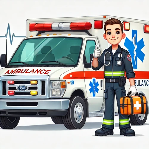 Ambulancier souriant en uniforme devant une ambulance blanche avec gyrophares