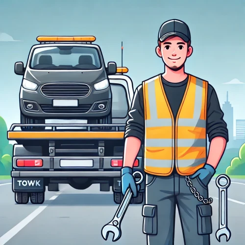 Dépanneur professionnel debout devant un camion de remorquage équipé, gilet jaune et clés à la main