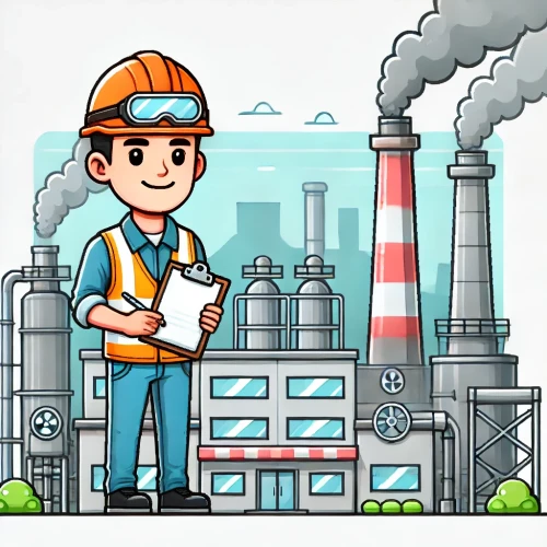 Ingénieur en casque de chantier avec clipboard devant une usine en activité