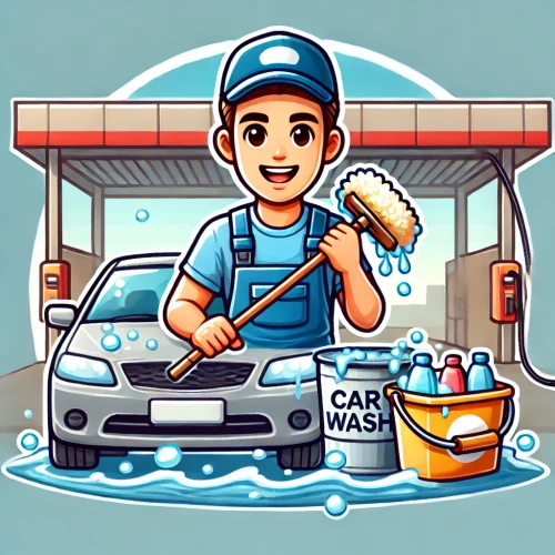 Illustration d’un professionnel du lavage automobile, cartoon, utilisé pour représenter le métier de laveur sur la page d’accueil.